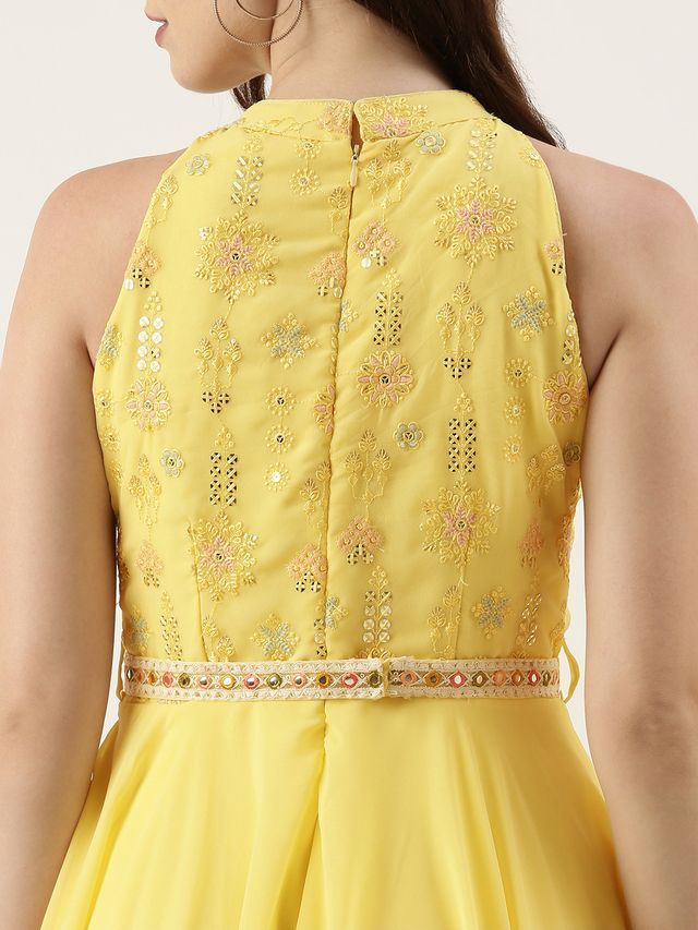 Bollywood Vogue Ready To Wear Yellow Embroidered Handkerchief Gown