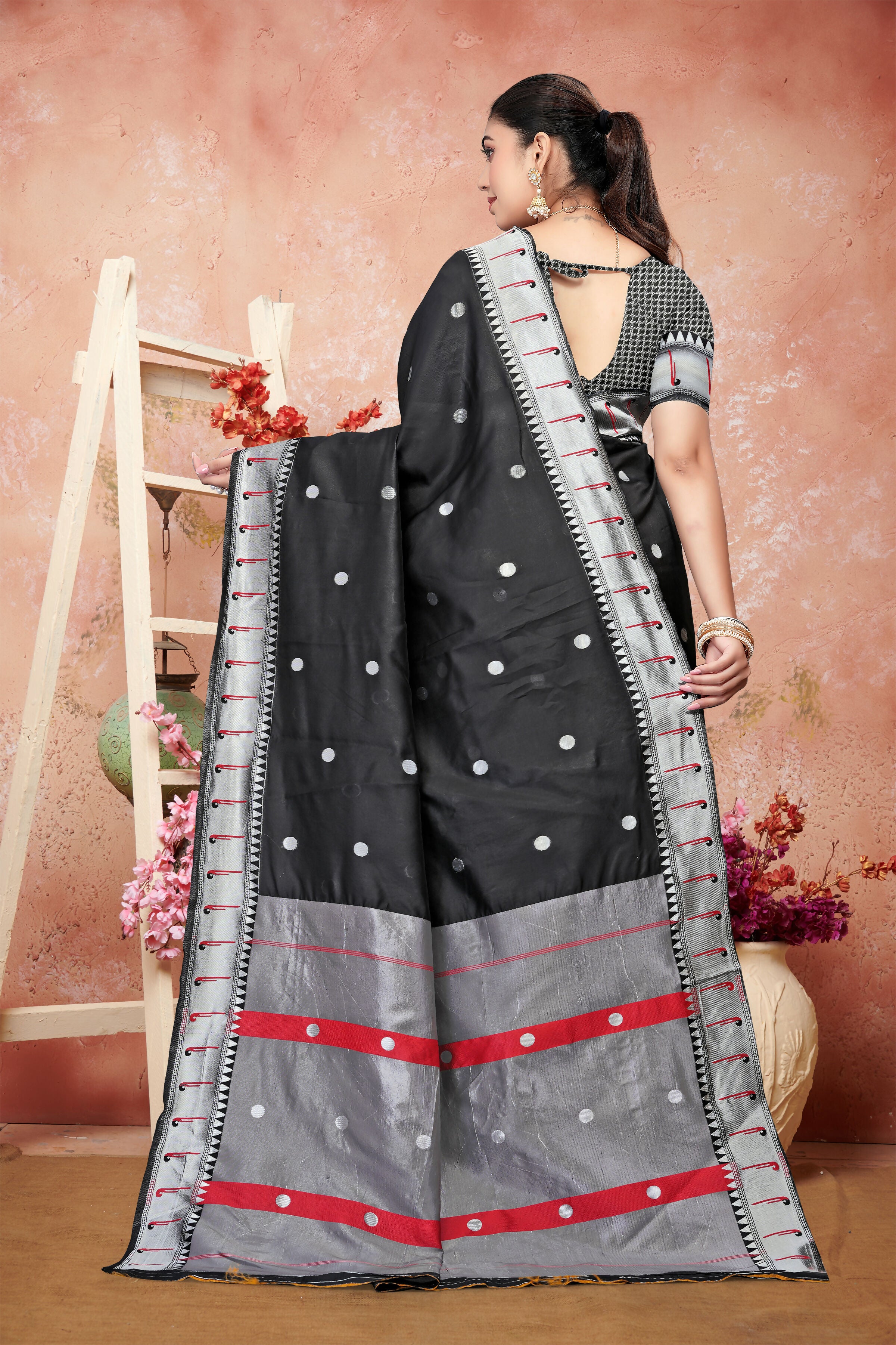 AXONIT Cultural Classic Black Cotton Saree with Elegant Silver Zari Work and Festive Red Border