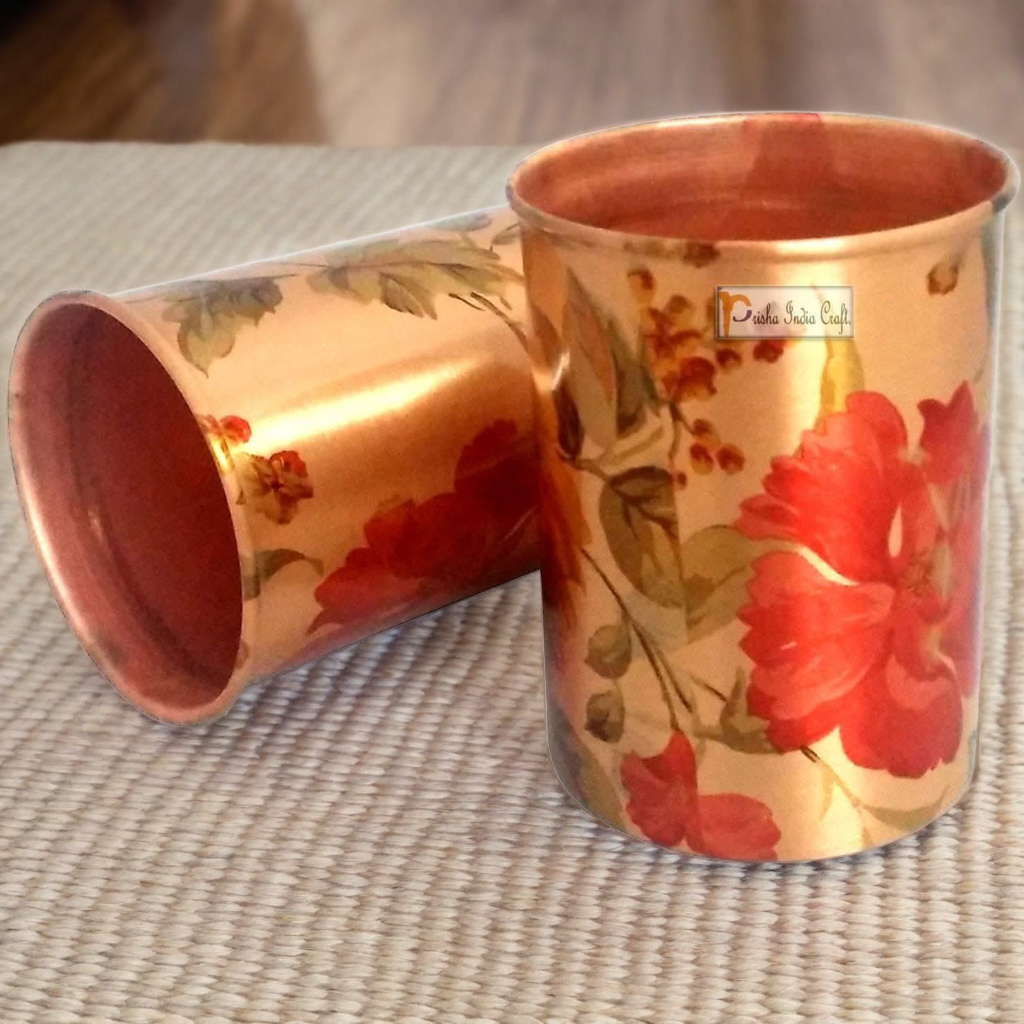 Pure copper digital printed flower design glass tumbler (pack of 2x300ml) | PRISHA INDIA CRAFT