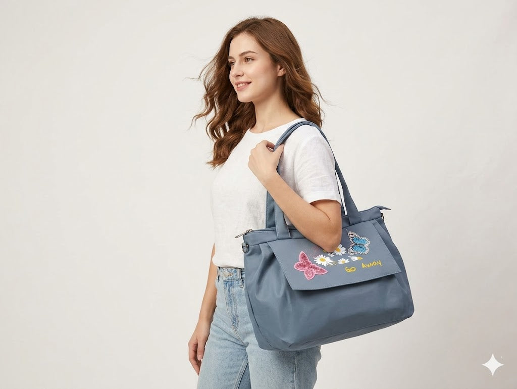 Buddy Cares Women Floral & Butterfly Embroidered Shoulder Bag | Adjustable Crossbody Strap – Blue – view 5 – Buddy Cares