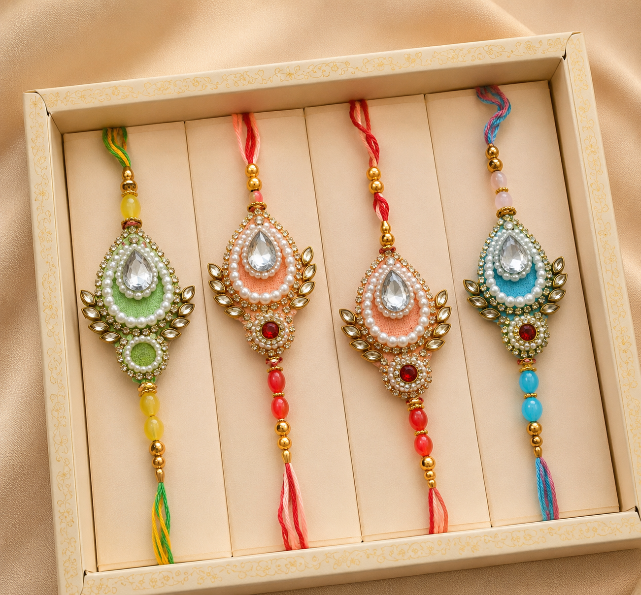 Designer Pearl Rakhi for Brother | Beaded Stone Work Raksha Bandhan Rakhi - Set of 2 (Multi colour)