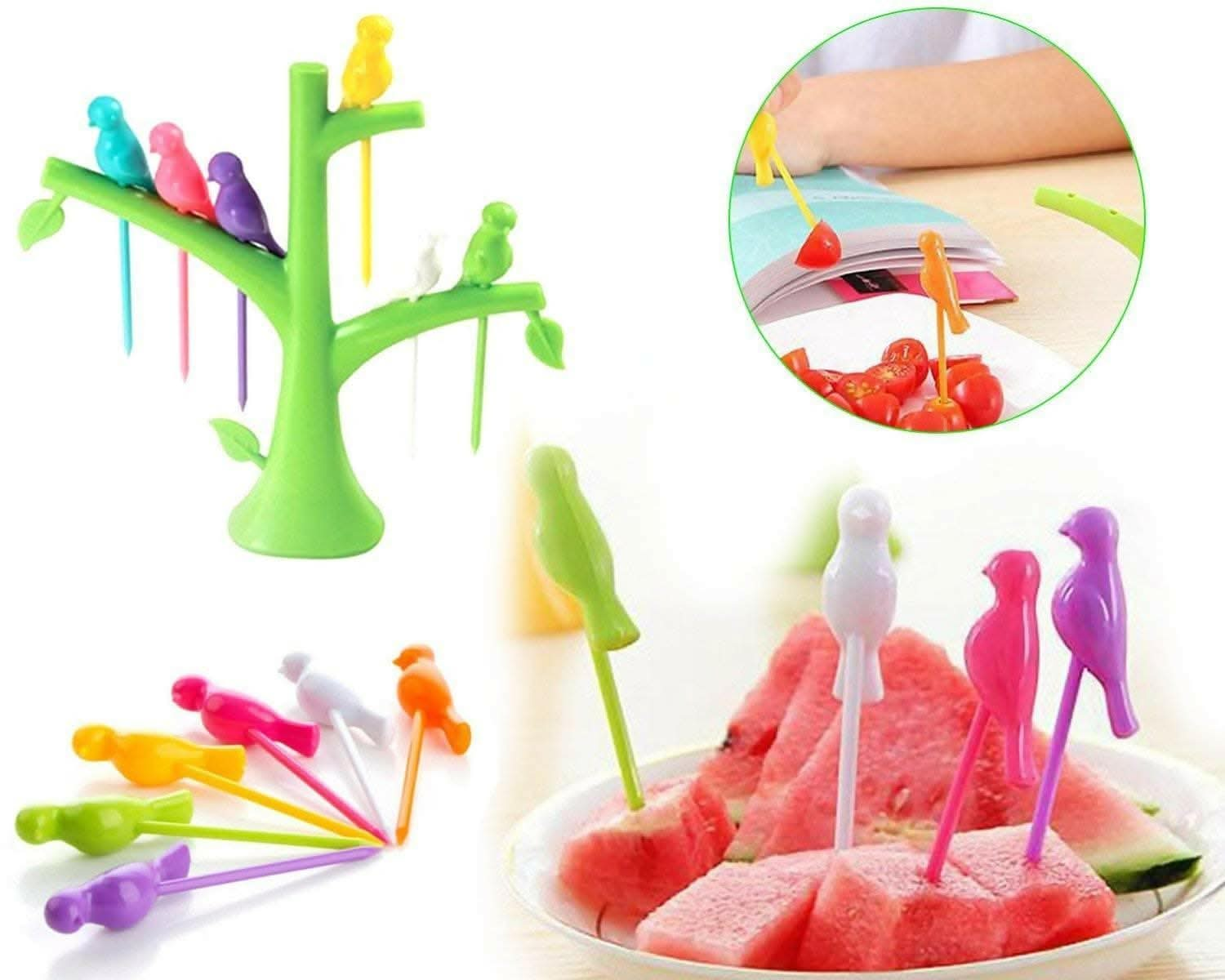 Bird Plastic Fruit Fork Pack with Stand (6 Pcs) - HalfPe