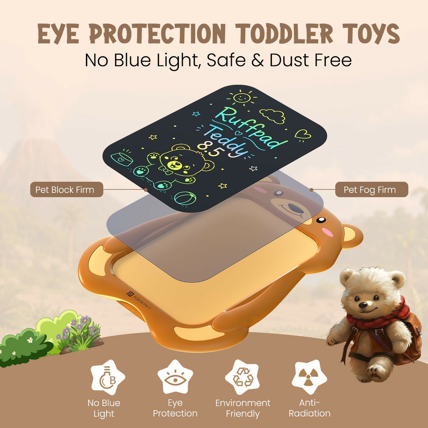 Portronics Ruffpad Teddy 8.5-Inch Multicolor LCD Writing & Drawing Tablet with One-Tap Erase, Teddy Bear Design, Eye-Safe Screen – Reusable & Eco-Friendly - Brown