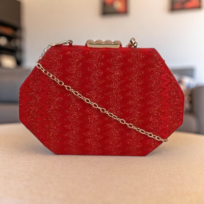 Red Glam Octagon Clutch – Sparkling Evening Bag with Gold Chain (Red)
