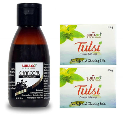 Subaxo Herbal Tulsi Soap (75 g Each, Pack Of 2) & Charcoal Face Wash Tulsi Cleanse(100ml) Combo - HalfPe