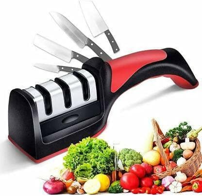 Manual Knife Sharpener 3 Stage Sharpening Tool for Ceramic Knife and Steel Knives (Black&Red) - HalfPe