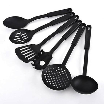 Nylon Ladle Kitchen Tool - Black Spoons for Non Stick Cookware Spatula, Turner, Ladle, Spaghetti Server, Slotted & Solid Spoon (Set of 6) - HalfPe