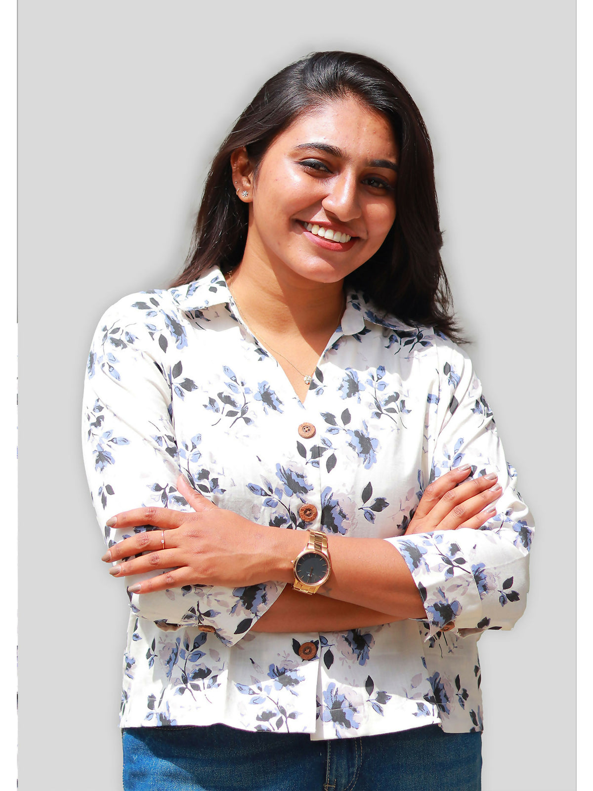 White & Blue Floral Printed Boxy Fit Shirt | 100% Sustainable Cotton-Viscose Blend