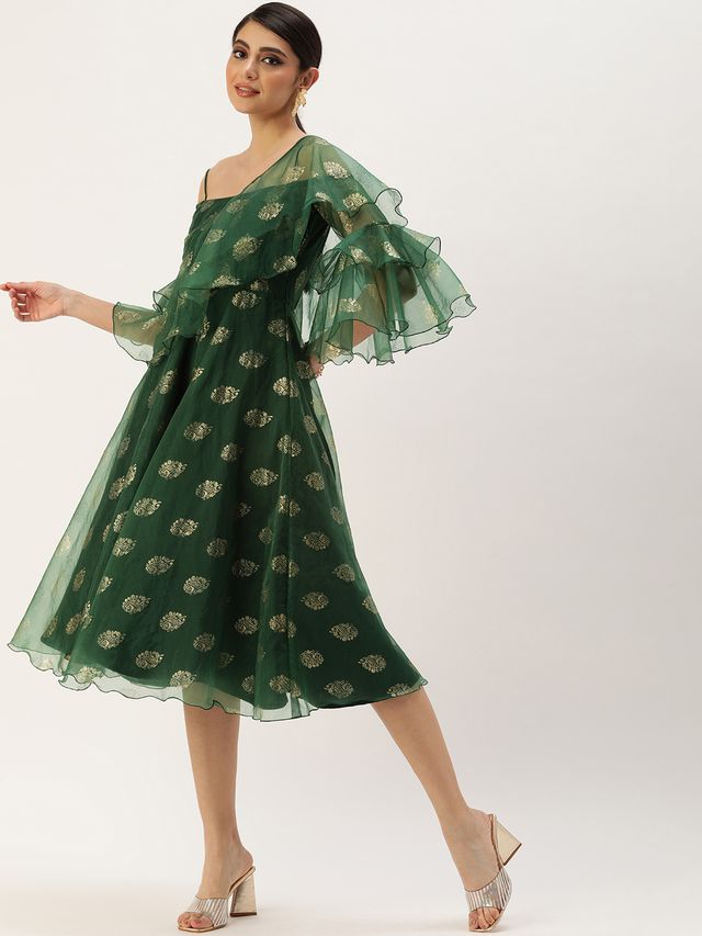 Bollywood Vogue Ready To Wear Green Organza Foil Printed Dress