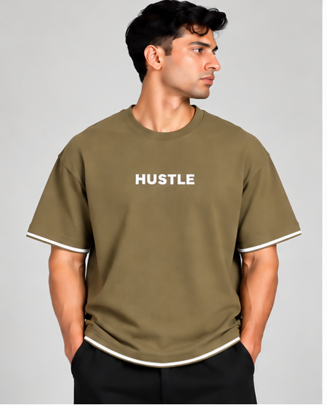 HUSTLE Men's Crew Neck Oversized Tees - Khaki