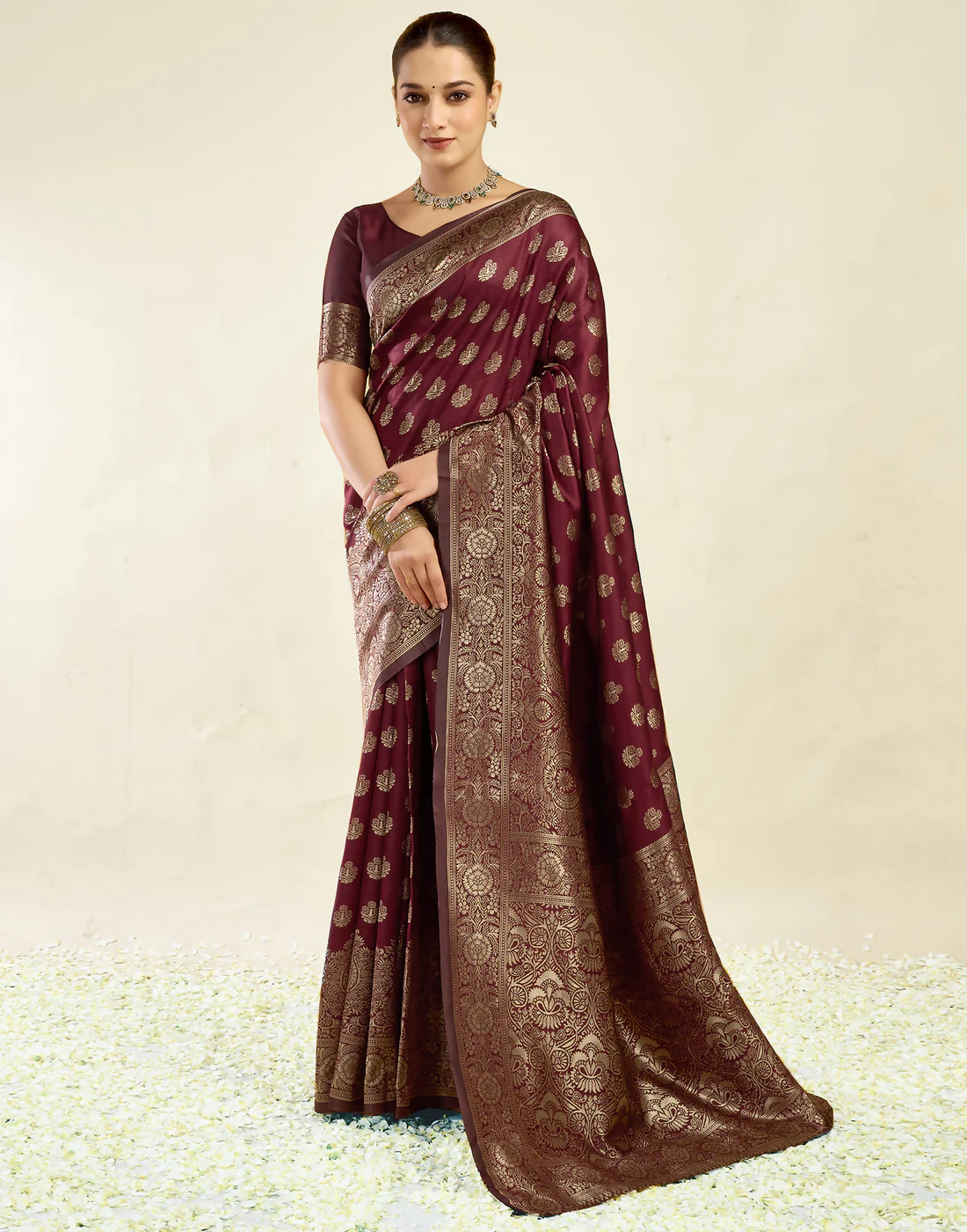 Royal Emerald Jacquard Saree with Golden Zari Work & Heavy Brocade Border