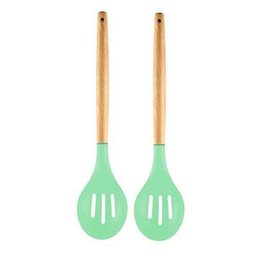 P-Plus International Silicone Cooking Spoon BPA Free 480°F Heat-Resistant Rubber Non-Stick Slotted Spoon for Mixing (pack of 2 - Green) - HalfPe