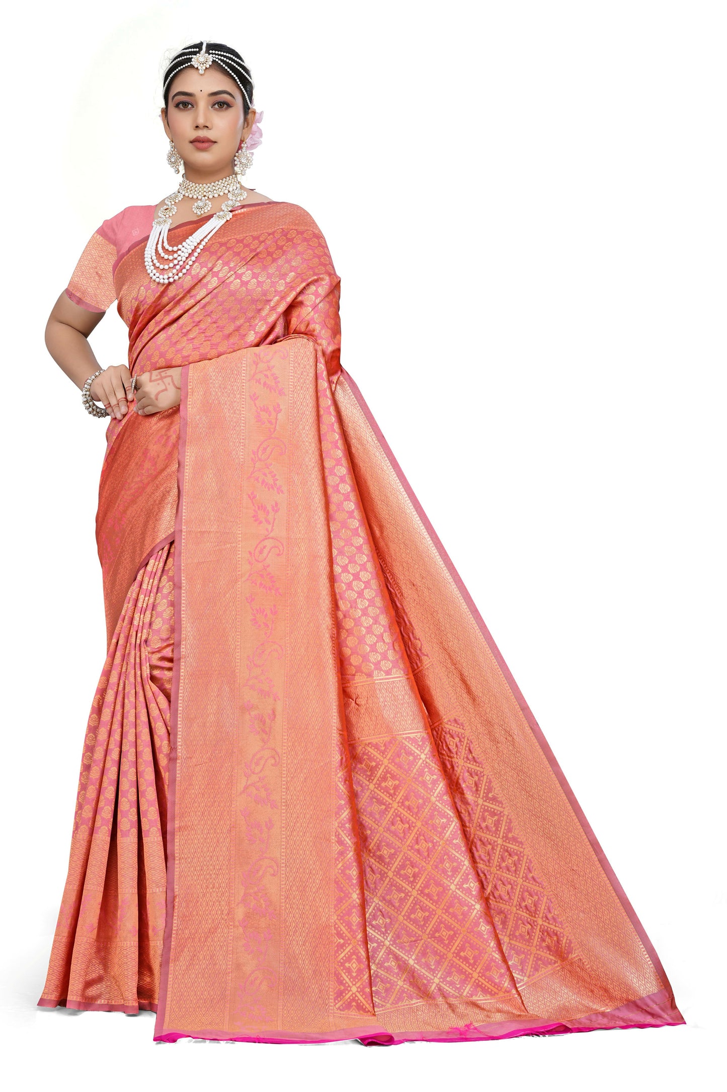 AXONIT Royal Banarasi Silk Saree with Intricate Golden Zari Weaving