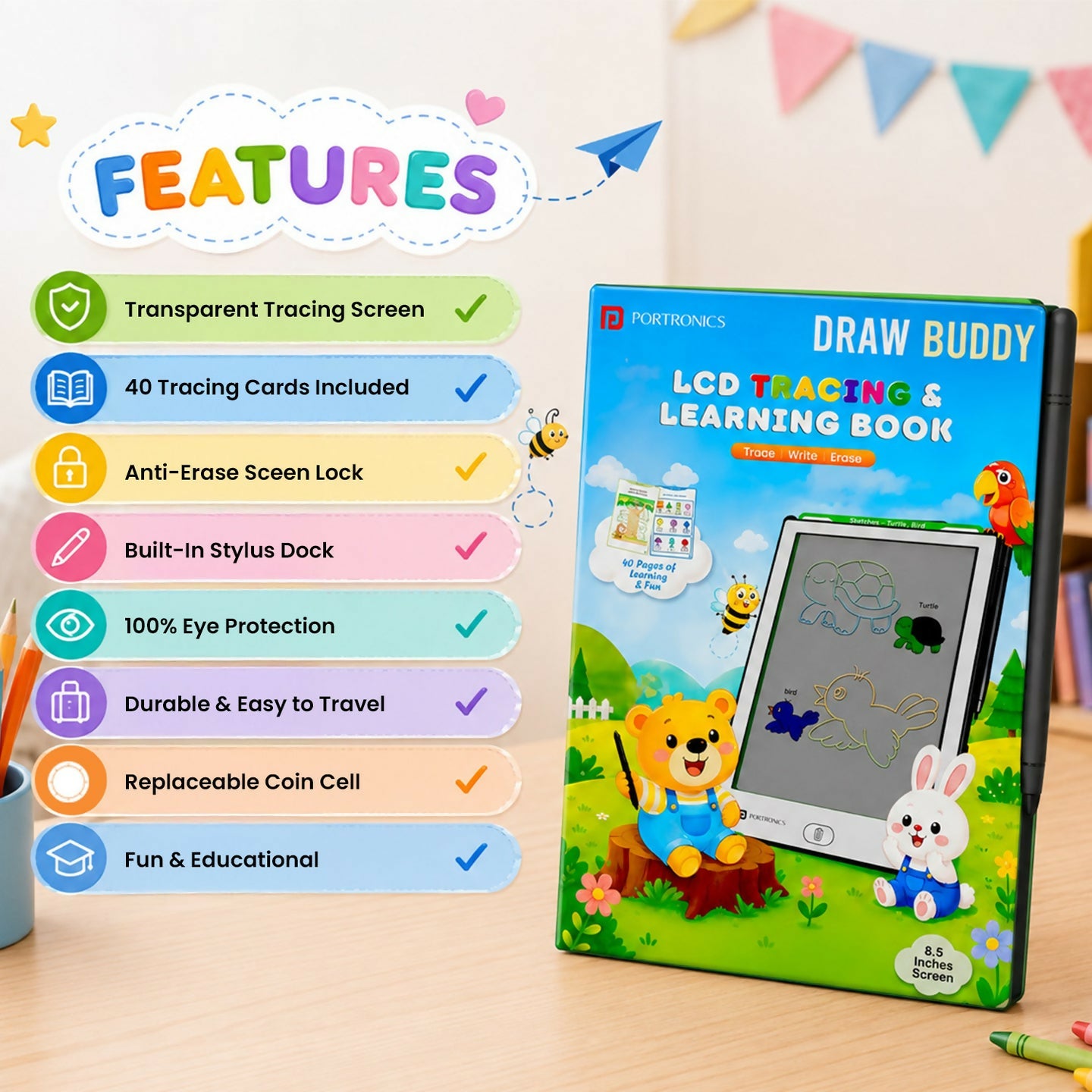 Portronics Draw Buddy Interactive LCD Tracing & Learning Tablet with 40 Activities, Pressure-Sensitive Writing & Screen Lock – Portable Learning Kit