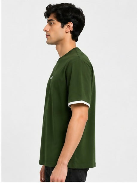 HUSTLE Men's Oversized Fit Crew Neck T-Shirt – Dark Olive Green(Oversized fit)