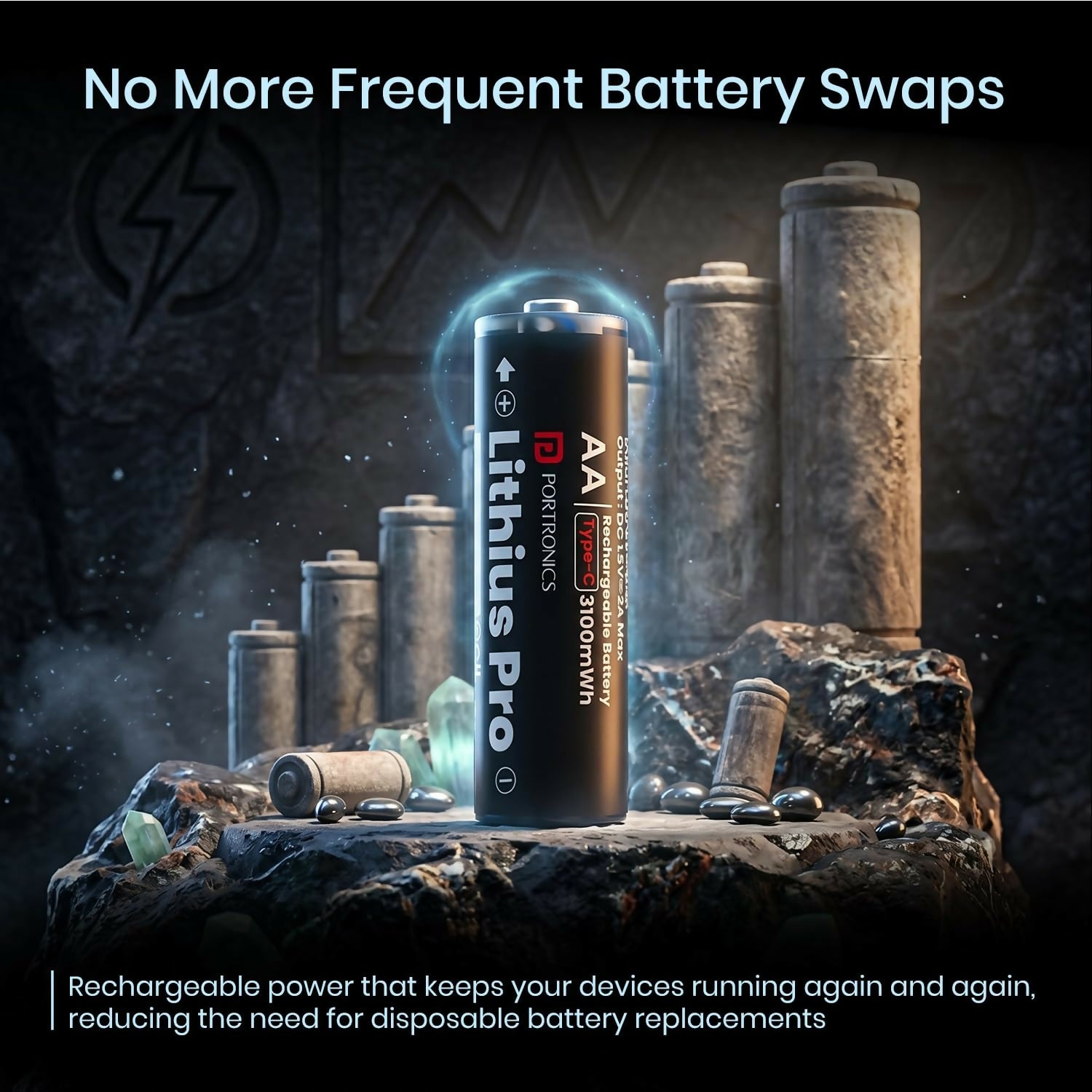 Portronics AA Lithius Pro Type-C Rechargeable Batteries Pack of 2 | Lithium-Ion, Up to 2066mAh, Low Self-Discharge(Black)