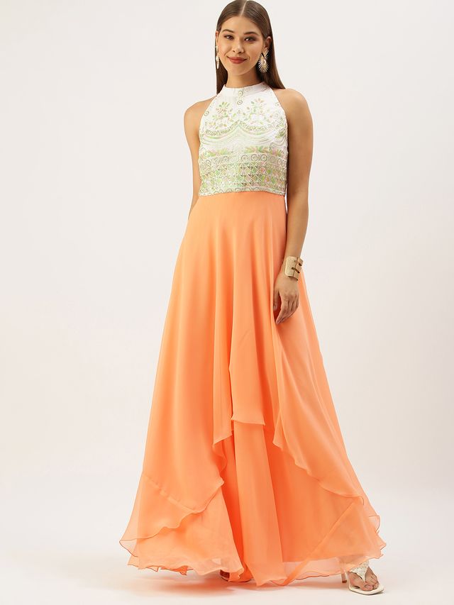 Bollywood Vogue Ready To Wear White Embroidered N Light Peach Layered Gown