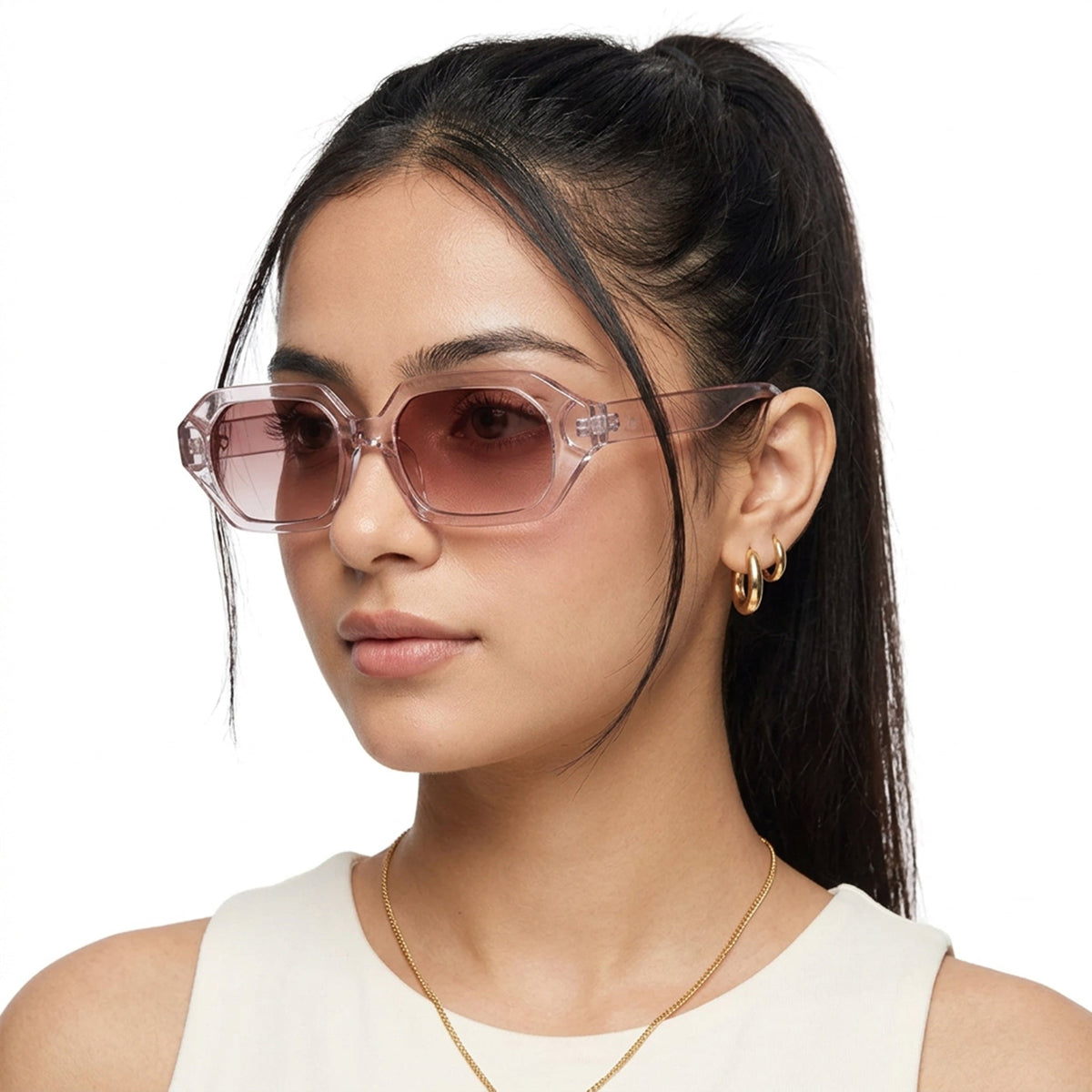 Eyejack Light Pink Square Sunglasses for Men and Women - worn by a male model (image 1)