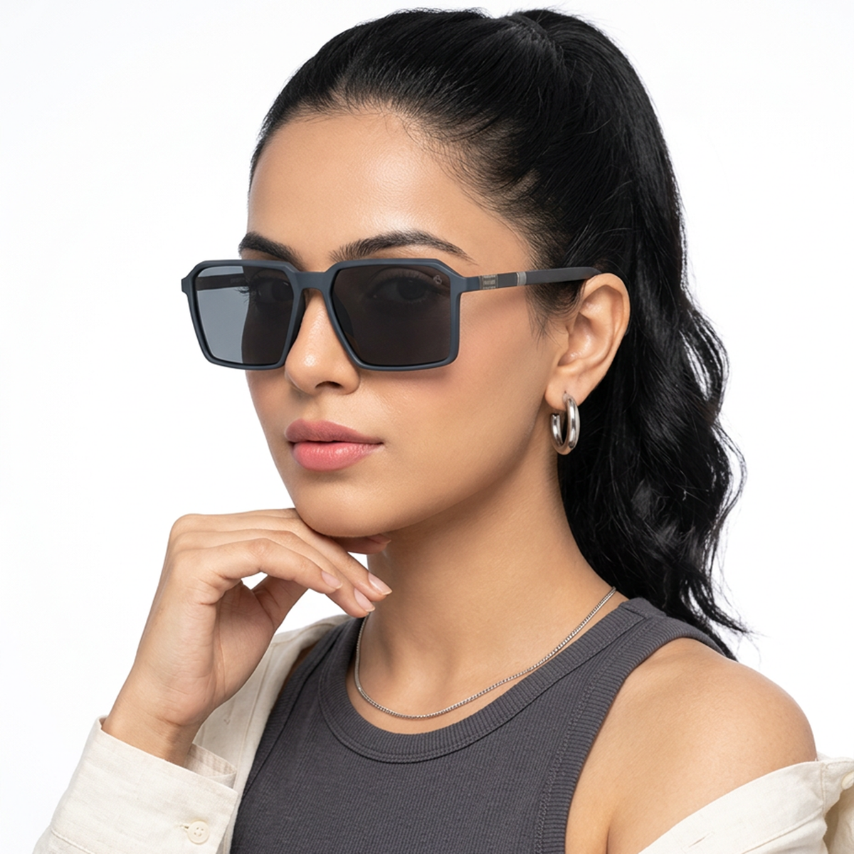 Eyejack Blue Square Sunglasses for Men and Women - Style 1123 - worn by a male model (image 3)