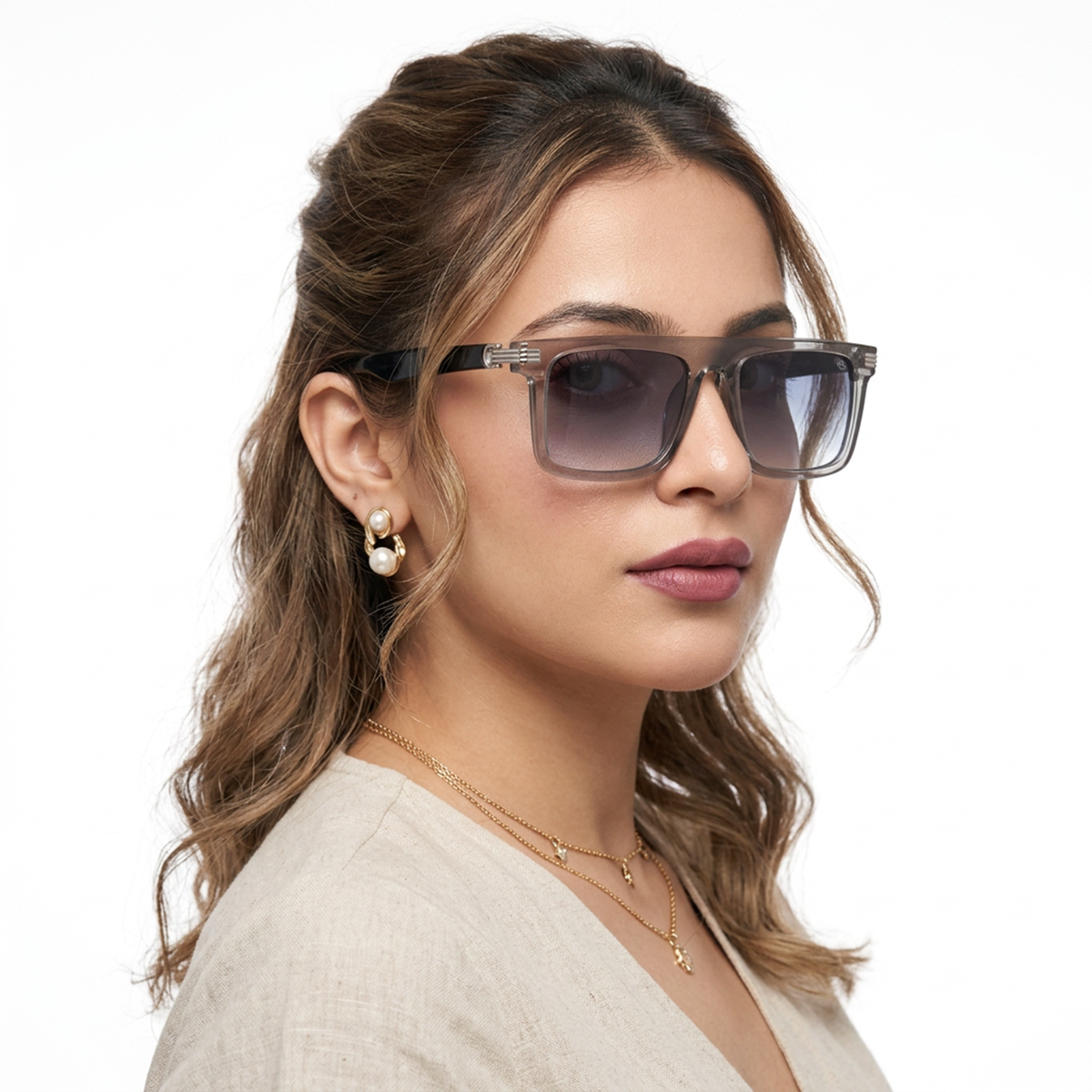 Eyejack Transparent Grey Rectangle Sunglasses for Men and Women - worn by a male model (image 3)