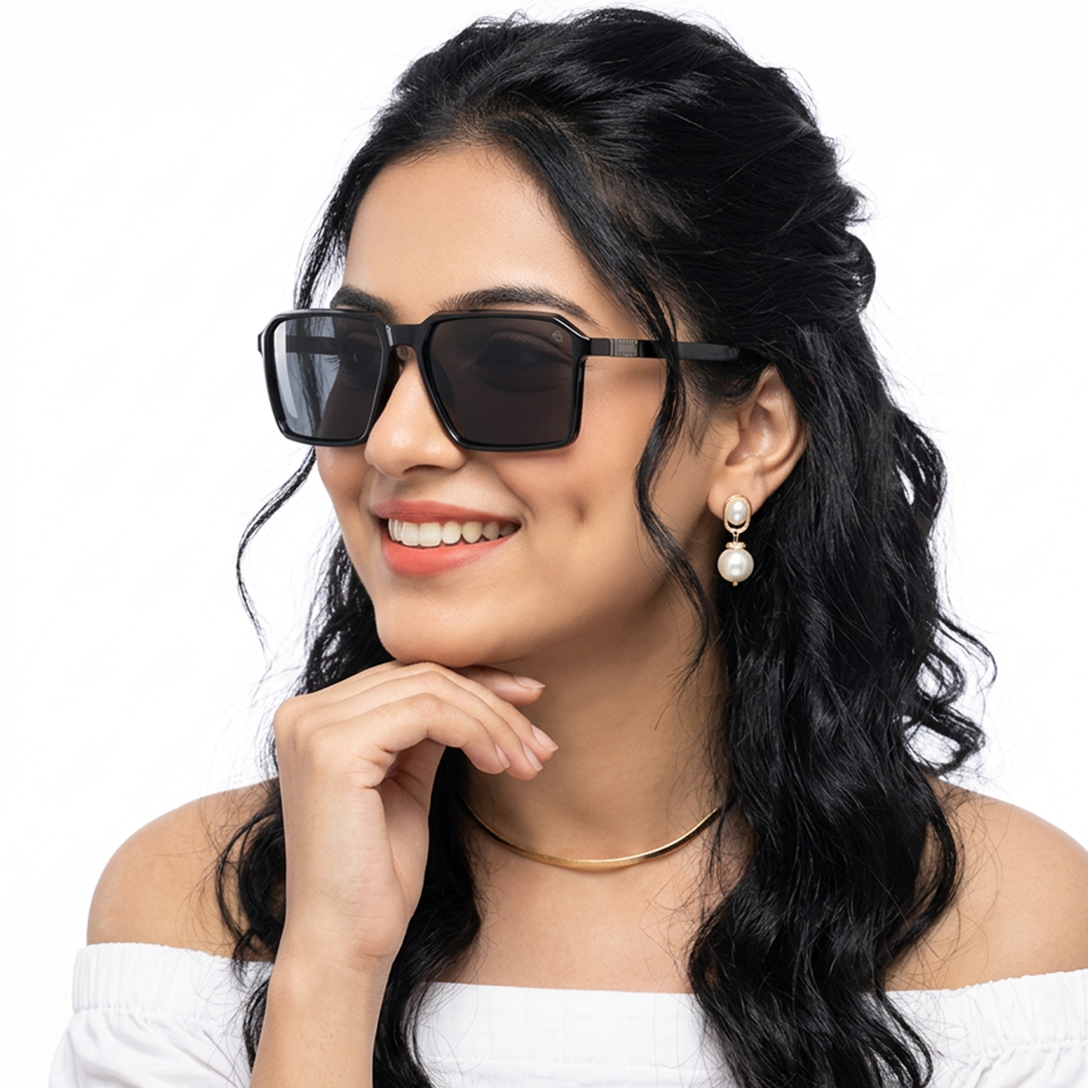 Eyejack Shine Black Square Sunglasses for Men and Women - Style 1120 - worn by a male model (image 4)