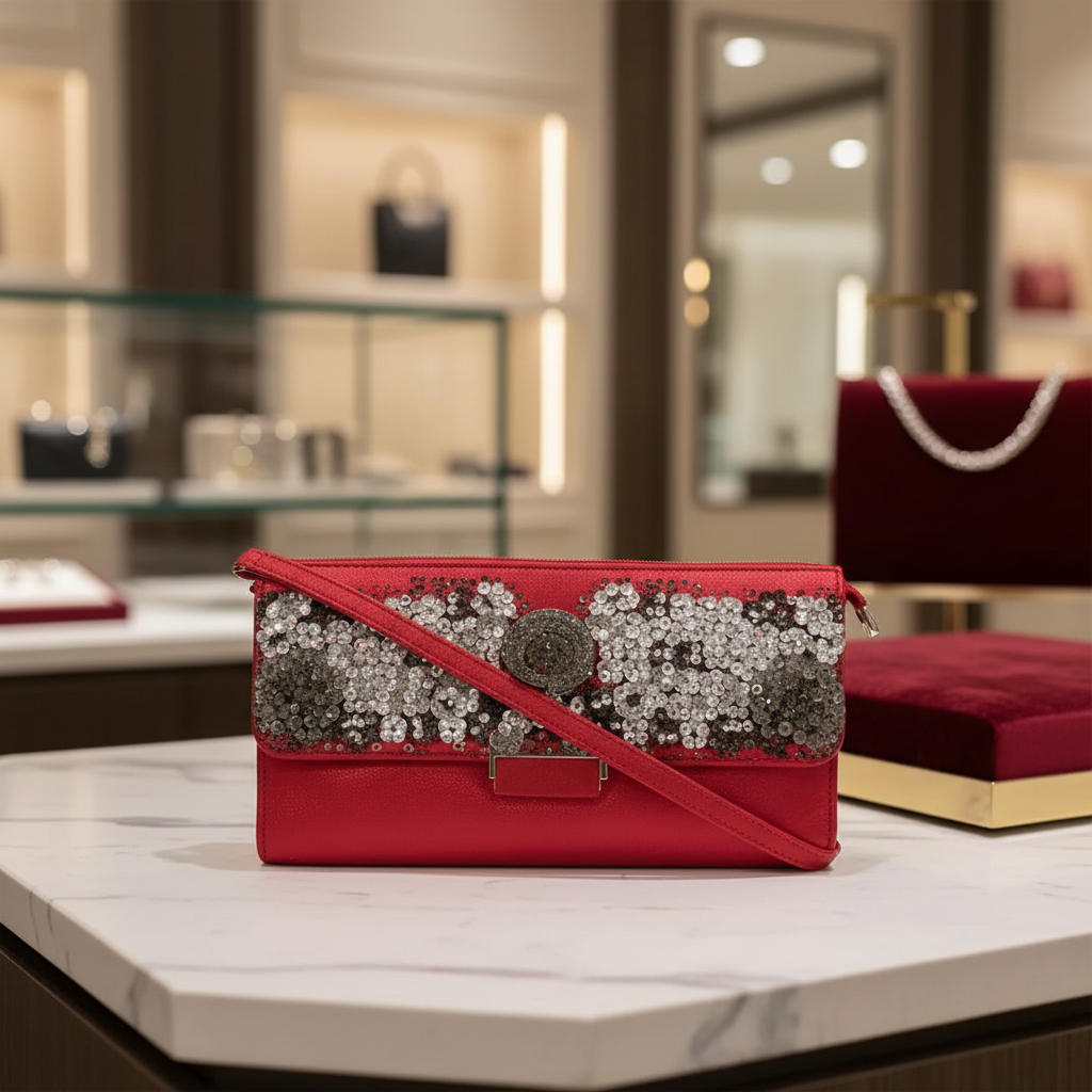 Red Embellished Designer Clutch For Functions