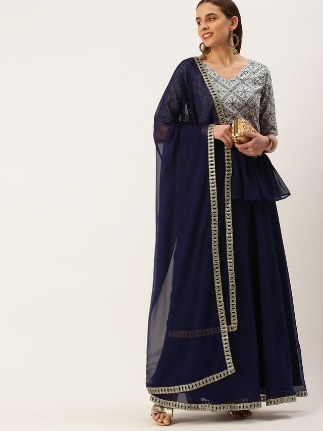 Bollywood Vogue Ready To Wear Grey N Blue Long Choli Lehenga Set