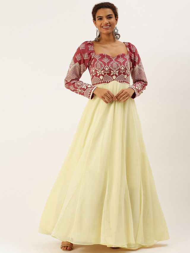 Bollywood Vogue Ready To Wear Mauve Embroidered Off White Georgette Gown
