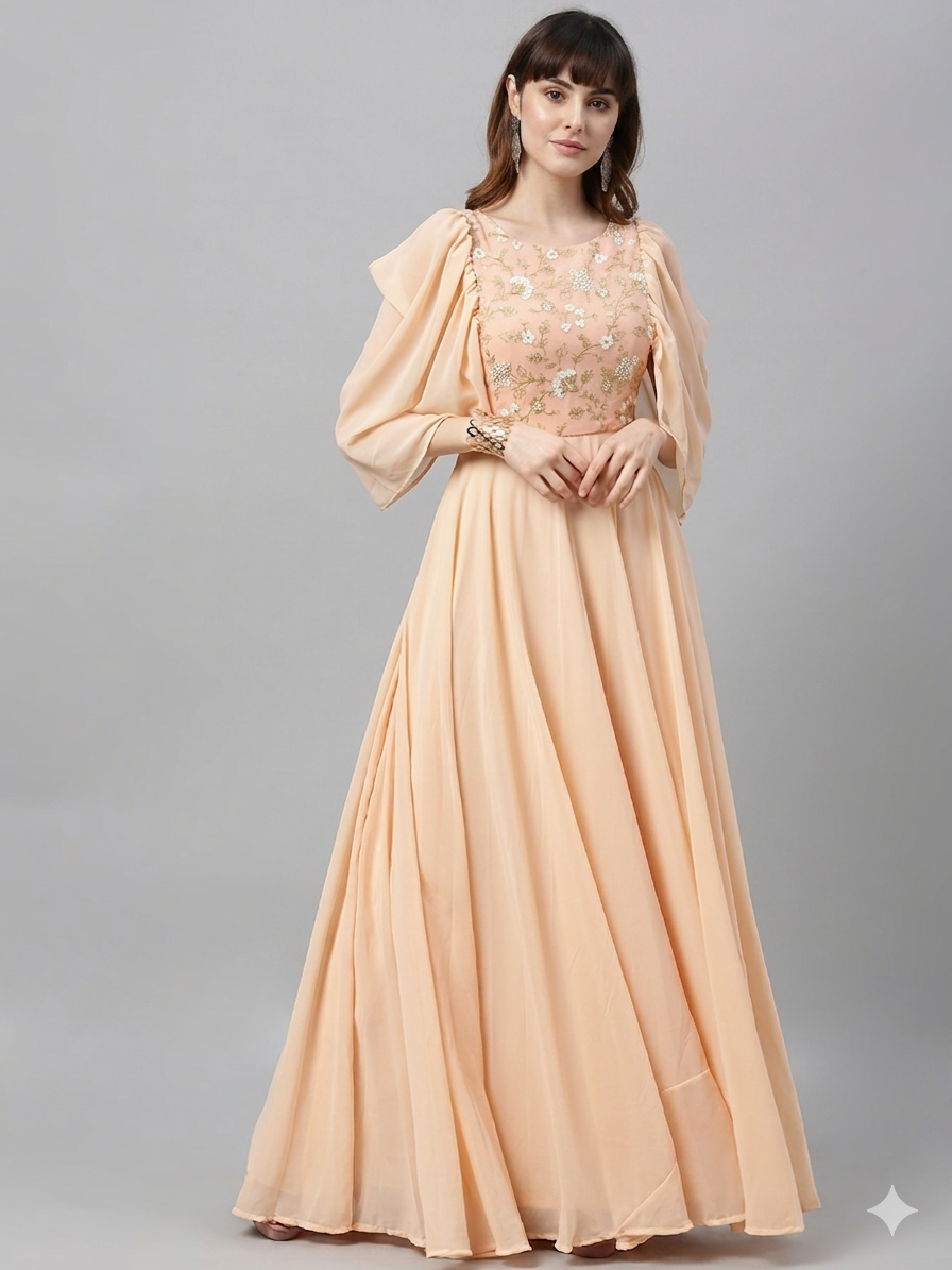 Bollywood Vogue Ready To Wear Peach Embroidered Round Neck Gown - Front View