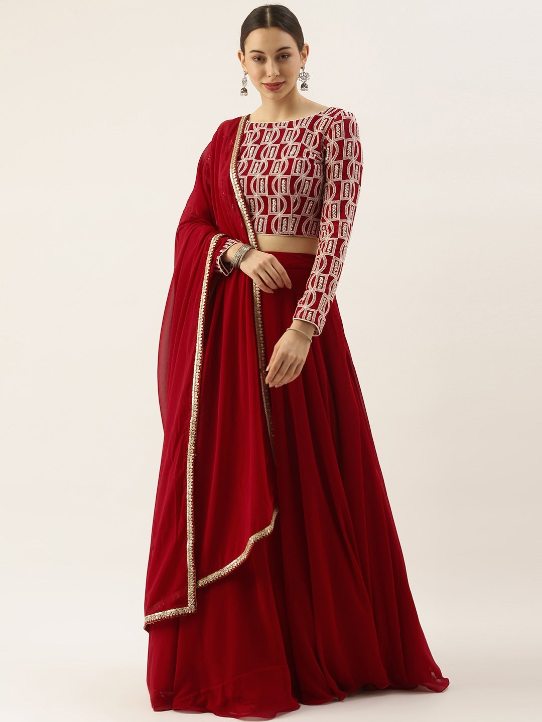 Bollywood Vogue Ready To Wear Maroon Georgette Embroidered Boat Neck Lehenga - Front View
