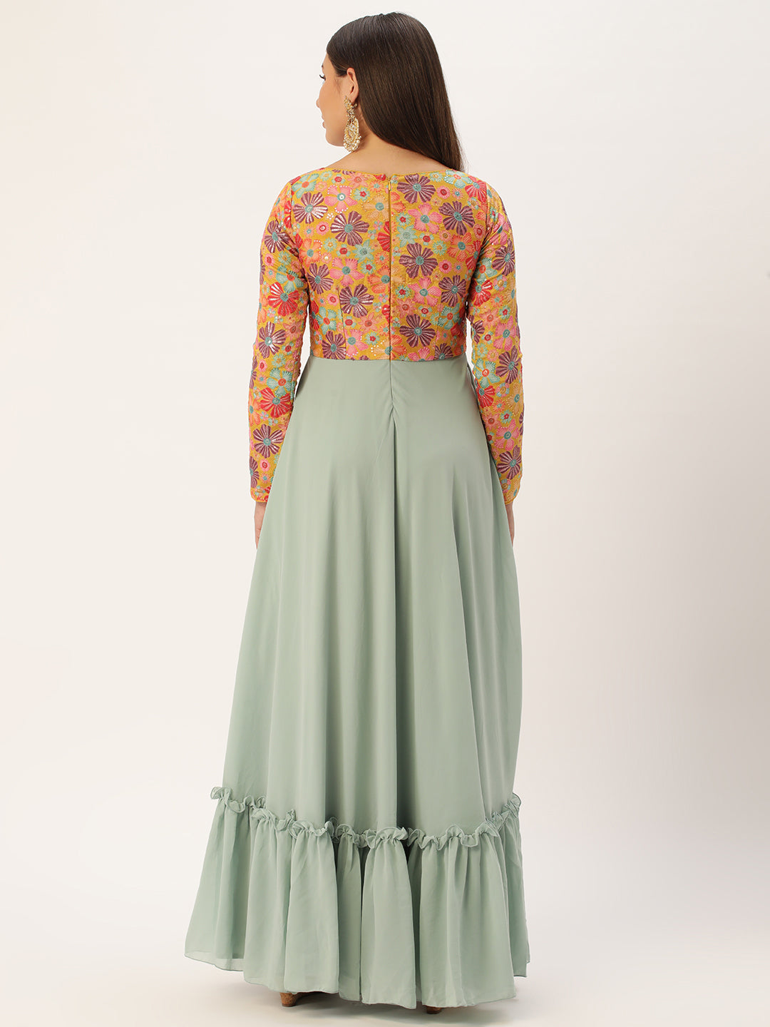 Bollywood Vogue Ready To Wear Multicolored Embroidered N Green Georgette Gown - Back View