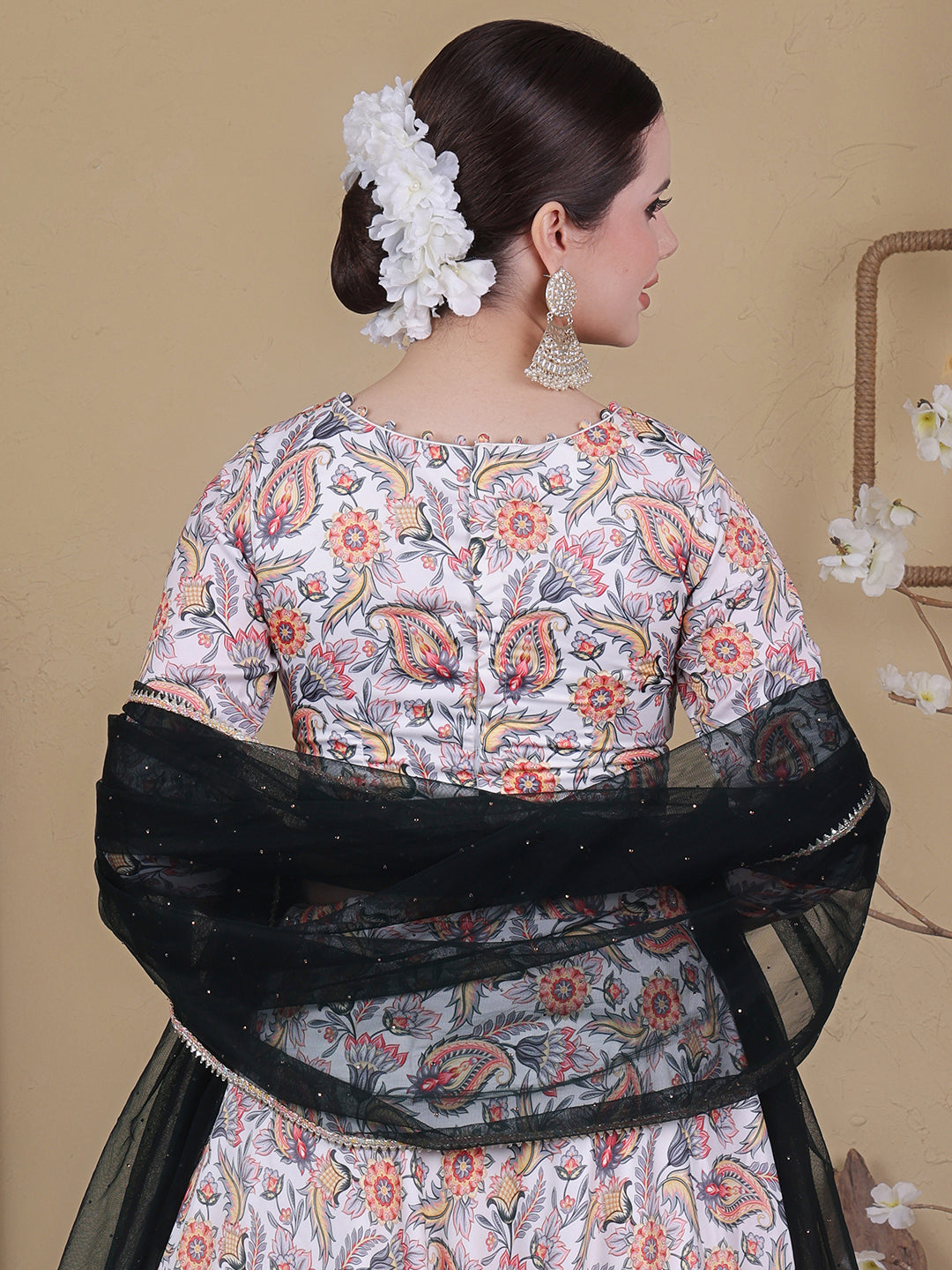 Bollywood Vogue Ready To Wear White Satin Digital Print Lehenga Set - Additional View 1