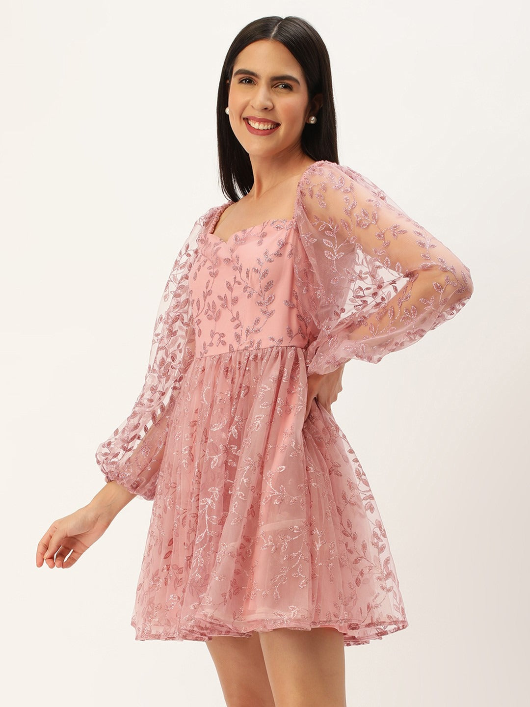 Bollywood Vogue Ready To Wear Pink Foil Printed Net Dress - Look Shot