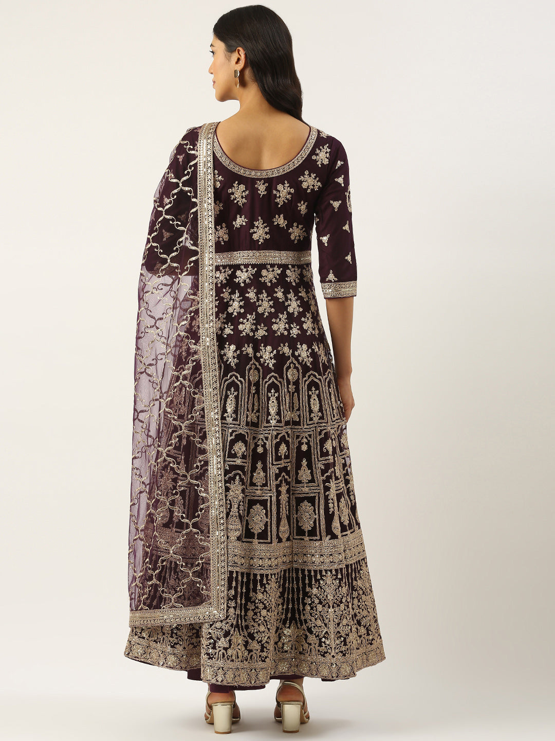 Bollywood Vogue Ready To Wear Classic Purple Net Embroidered Anarkali Suit - Back View