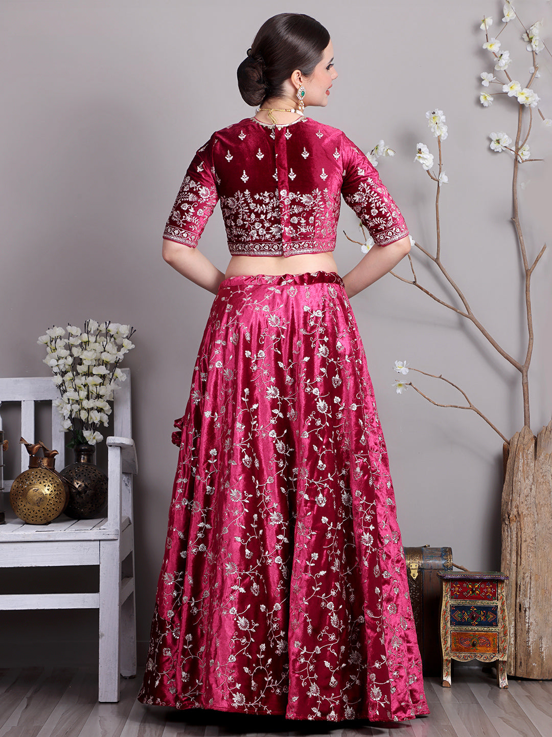 Bollywood Vogue Ready To Wear Classic Blouse With Pink Velvet Embroidered Lehenga - Detail View