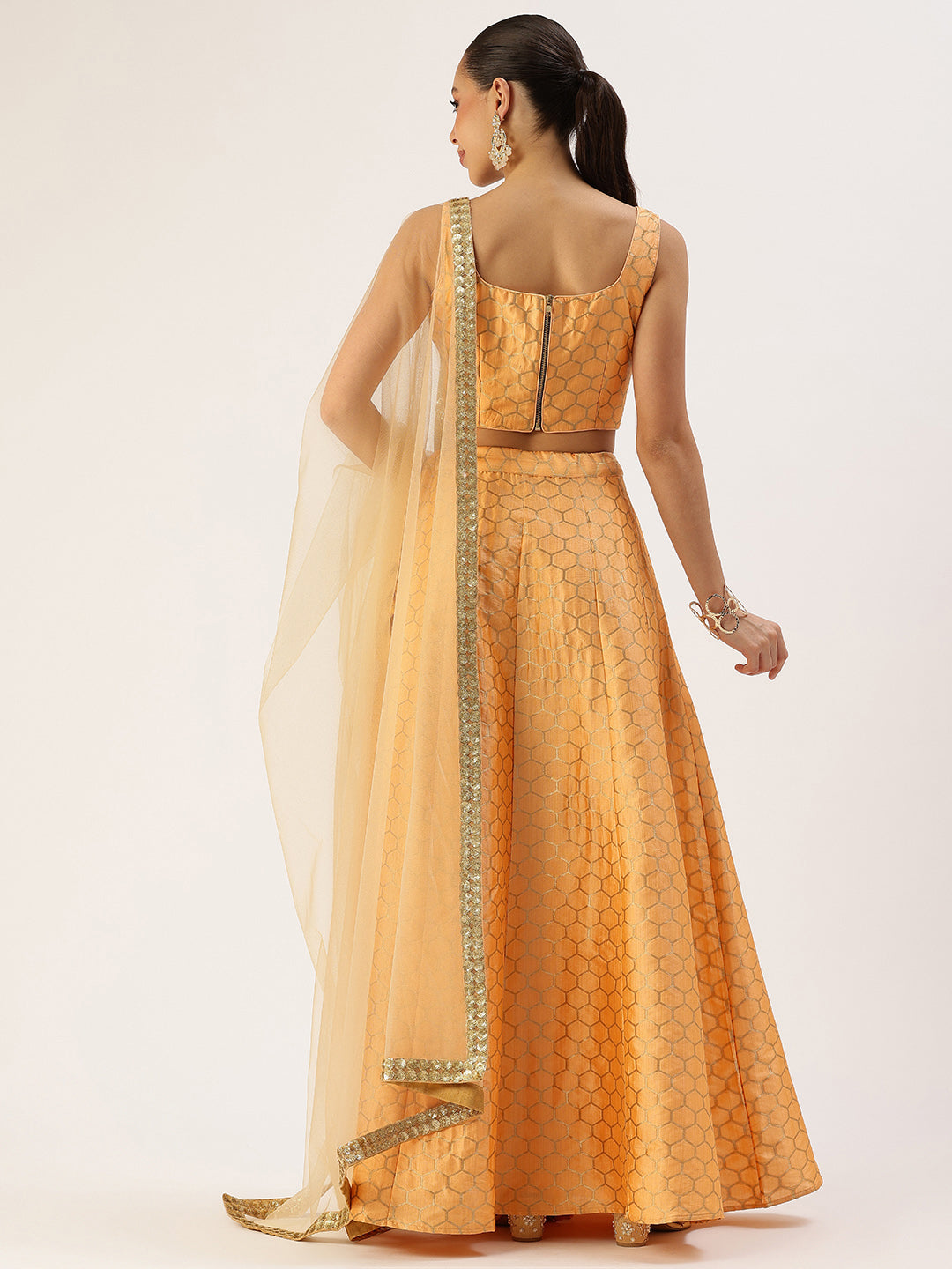 Bollywood Vogue Ready To Wear Peach Jacquard Kali Lehenga - Back View