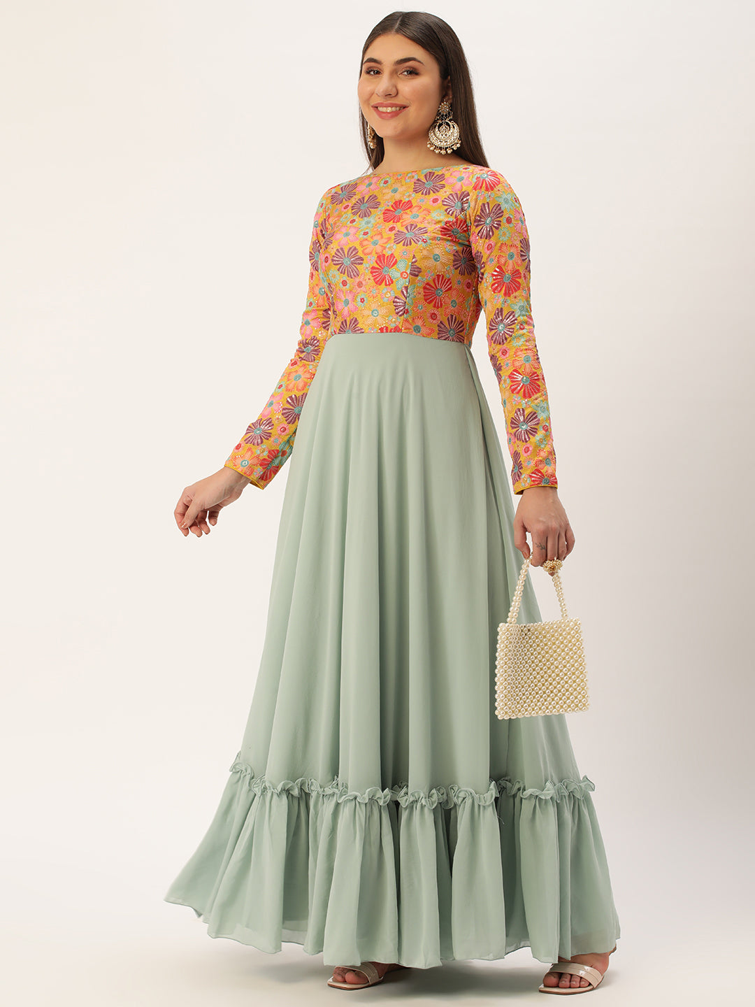 Bollywood Vogue Ready To Wear Multicolored Embroidered N Green Georgette Gown - Detail View