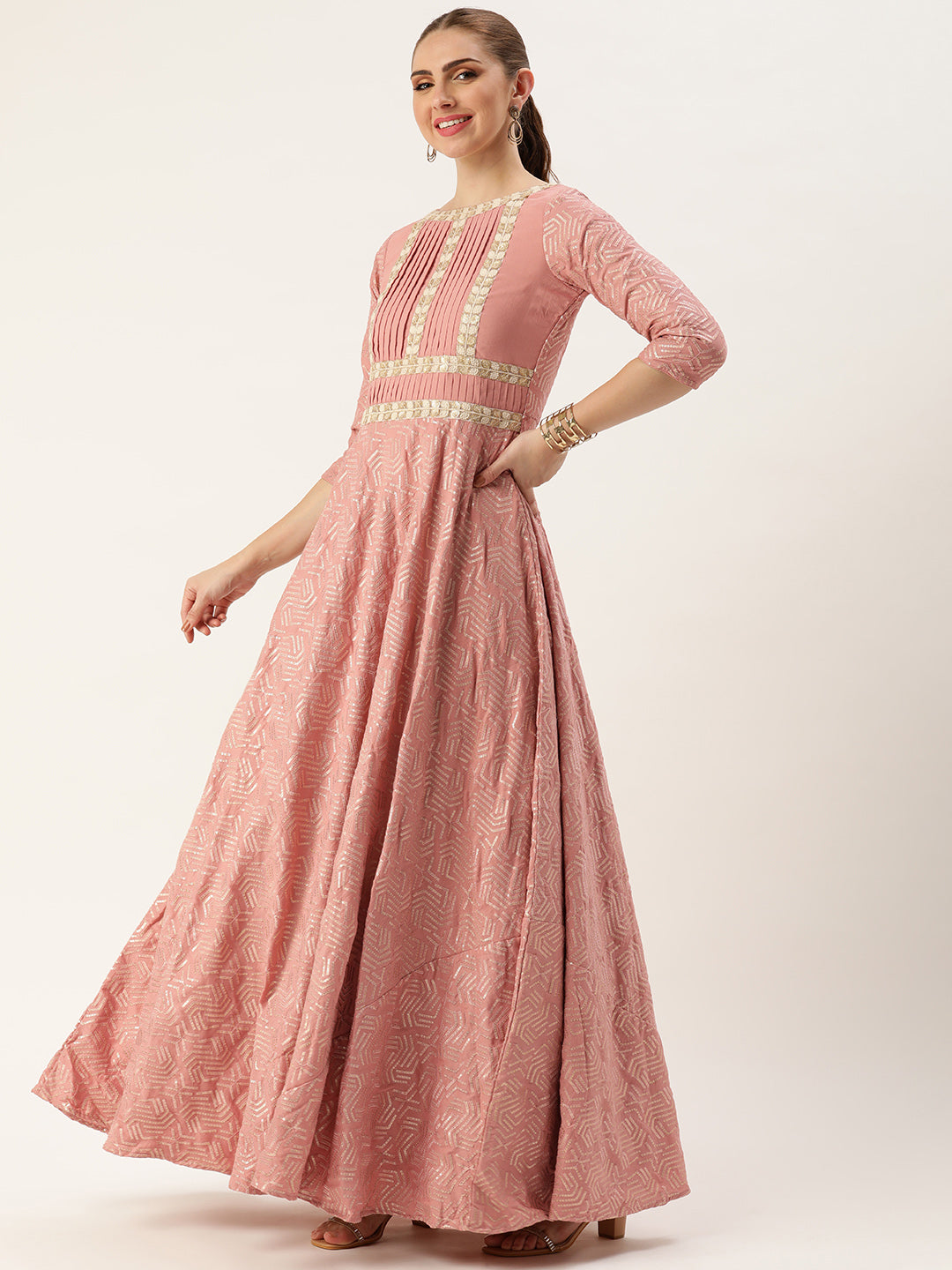 Bollywood Vogue Ready To Wear Mauve Sequins Embroidered Pleated Gown - Detail View