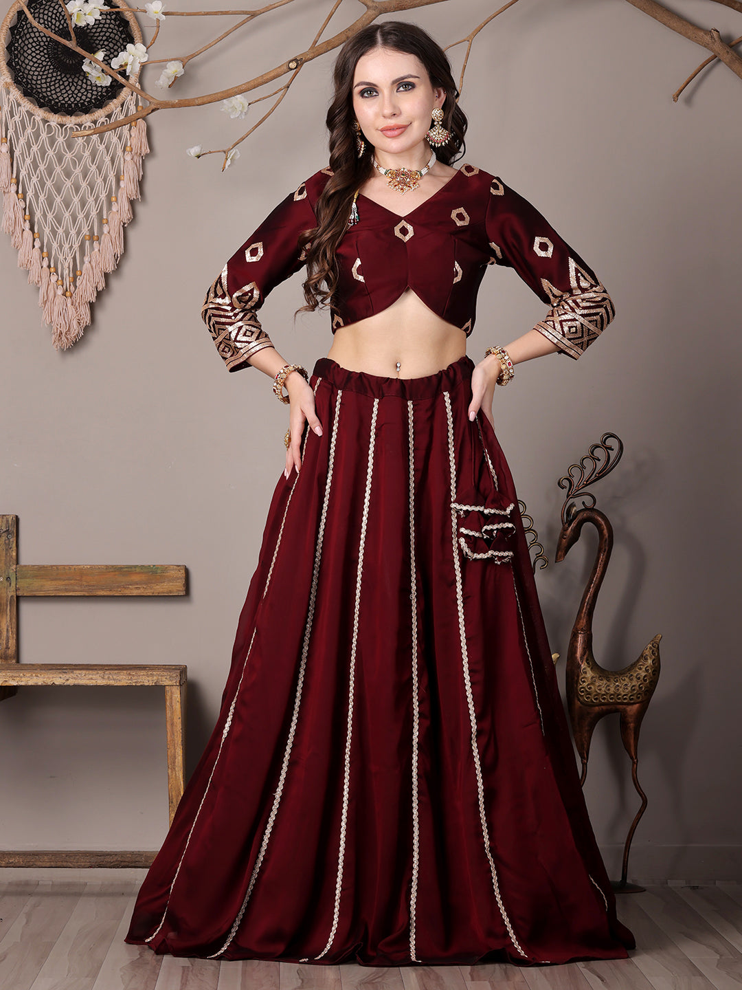 Bollywood Vogue Ready To Wear Wine Silk Embroidered Kali Style Lehenga - Front View