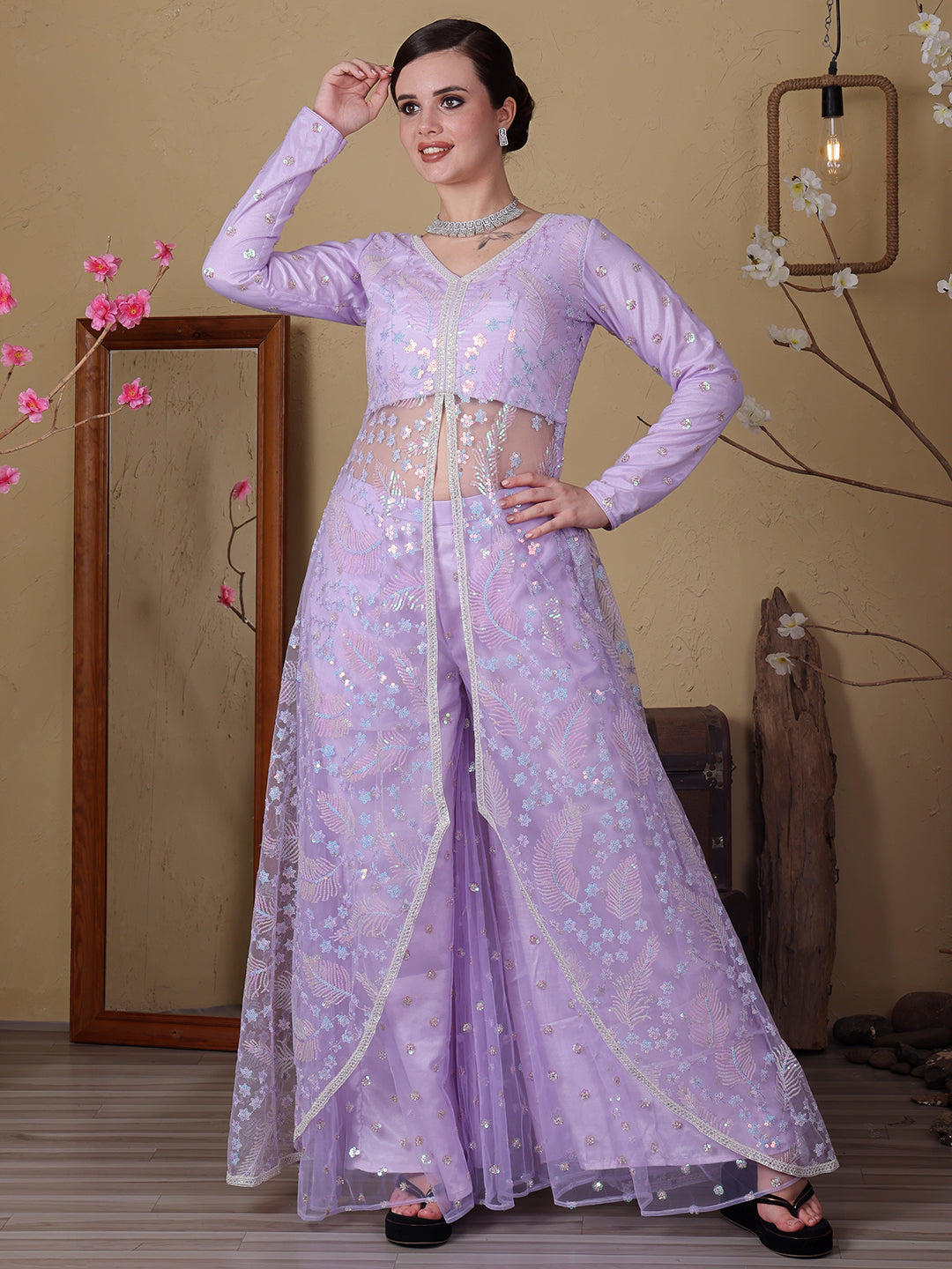 Bollywood Vogue Ready To Wear Chic Top With Net Embroidered Anarkali Palazzo Suit - Side View