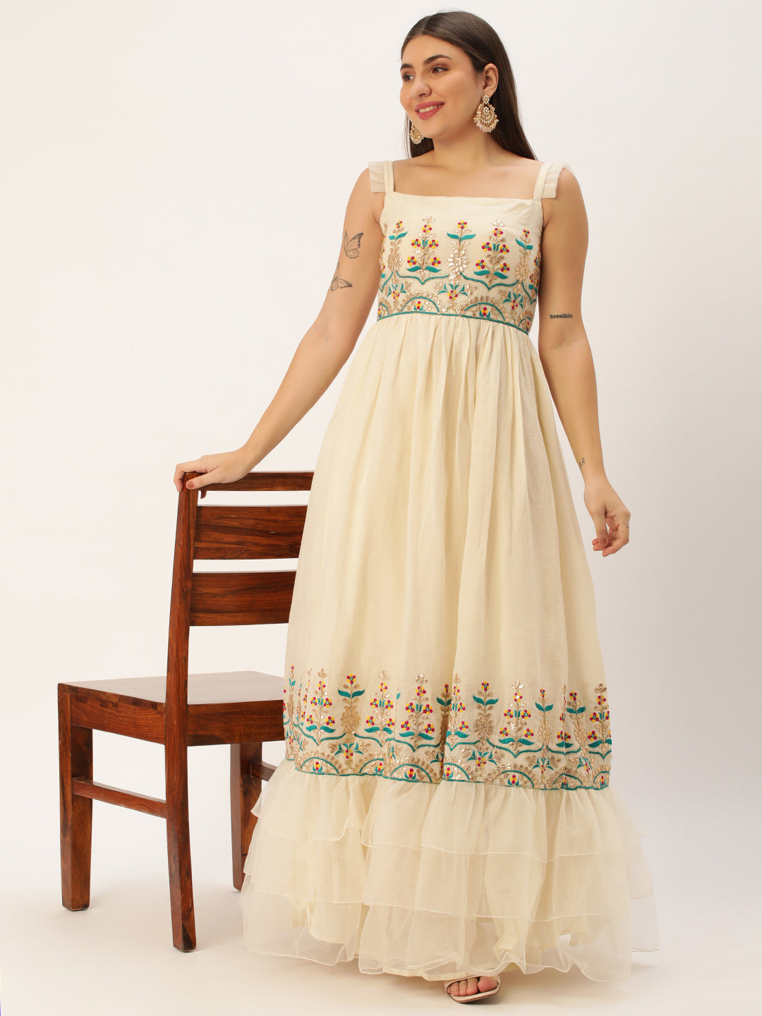 Bollywood Vogue Ready To Wear Off White Gota Patti Cotton Embroidered Gown - Front View