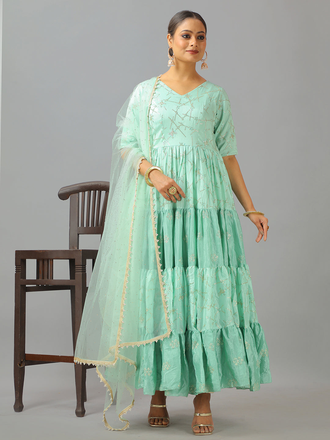 Bollywood Vogue Ready To Wear Classic Pistachio Green Embroidered Anarkali Suit - Front View