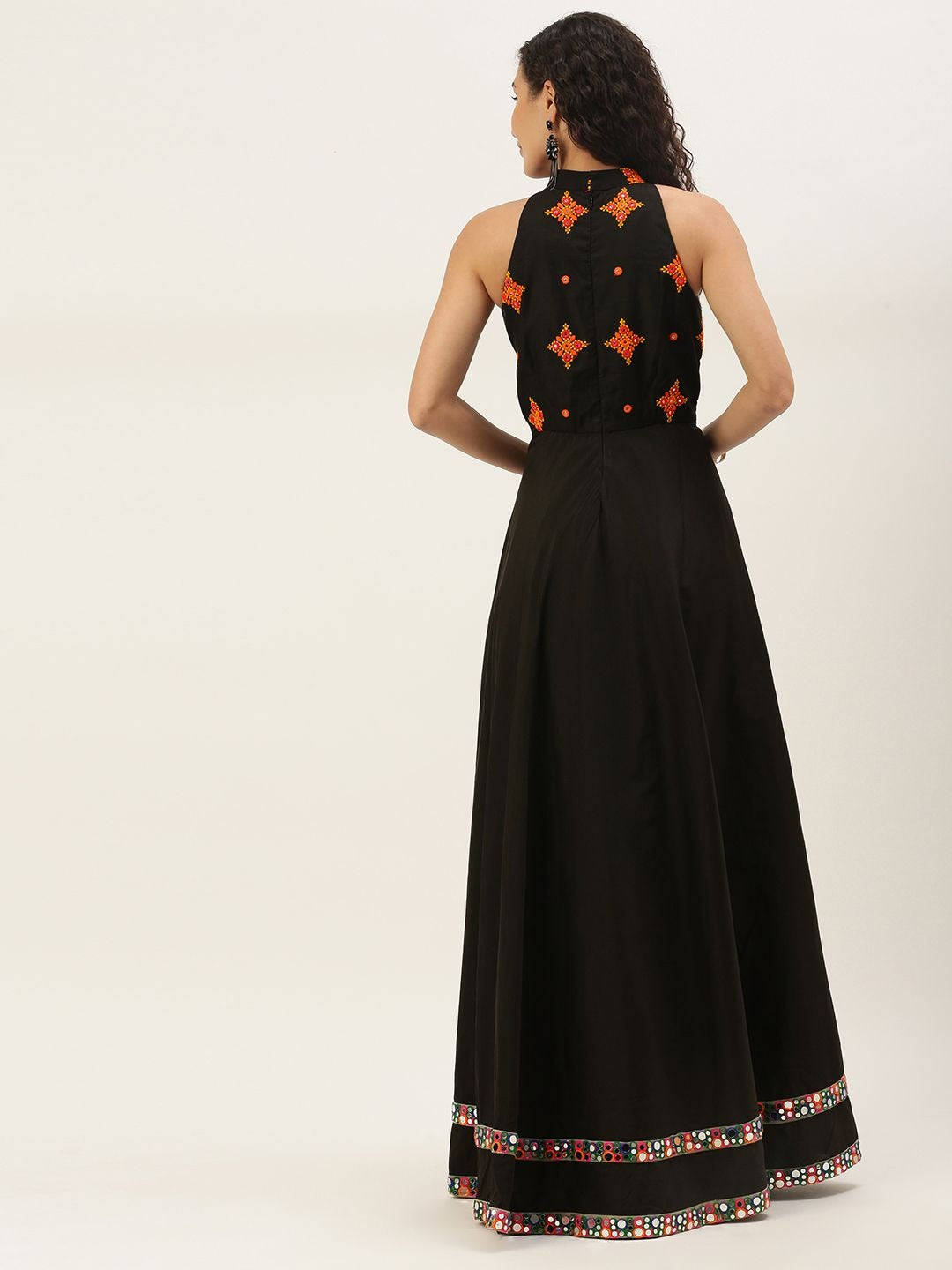 Bollywood Vogue Ready To Wear Black Embroidered Halter Neck Embellished Gown - Back View
