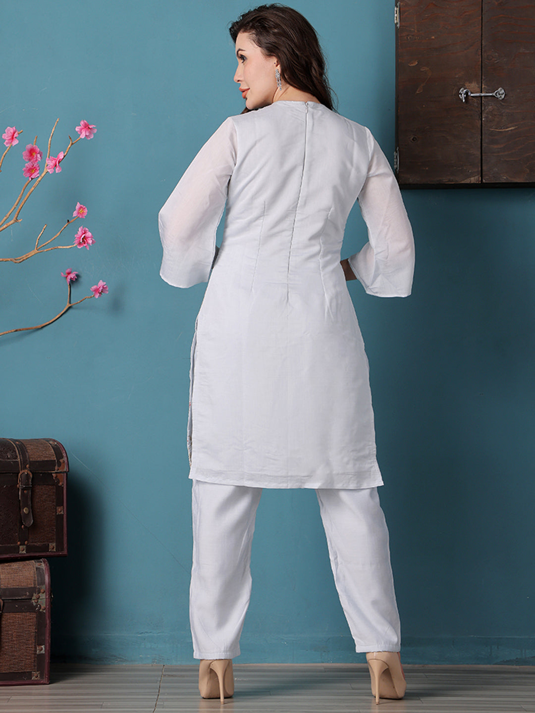 Bollywood Vogue Ready To Wear Pastel Blue Embroidered Straight Pant Suit - Back View