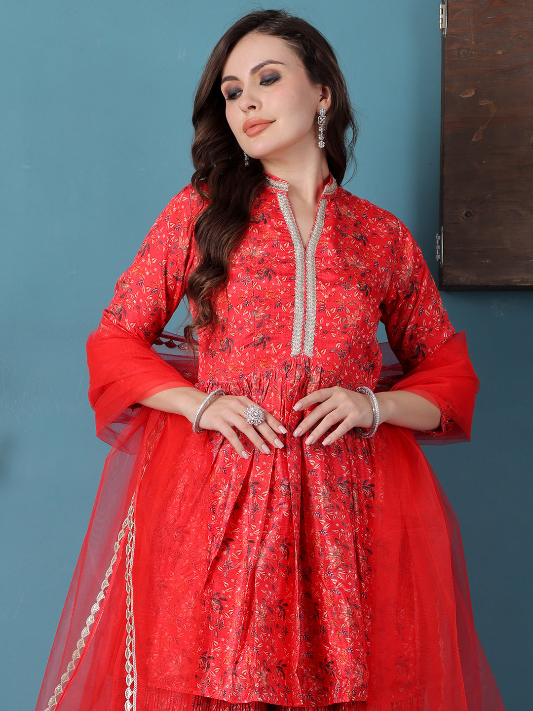 Bollywood Vogue Ready To Wear Red Chinon Digital Printed Palazzo Suit - Look Shot