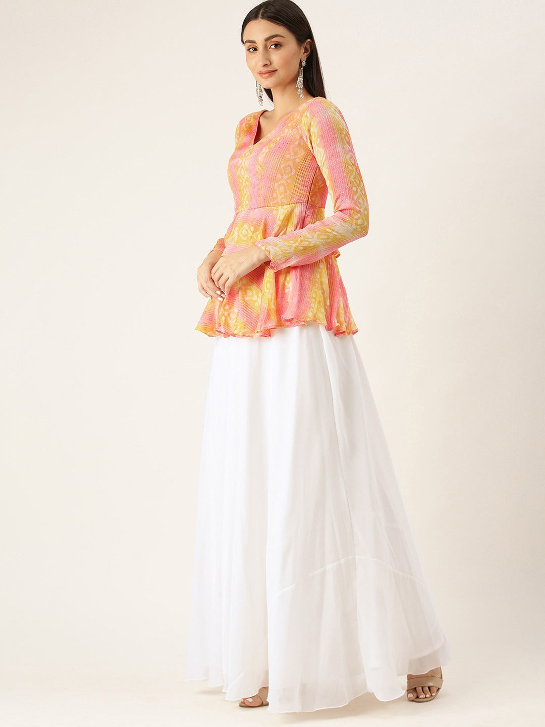 Bollywood Vogue Ready To Wear Pink Foil Printed Peplum Skirt Set - Front View