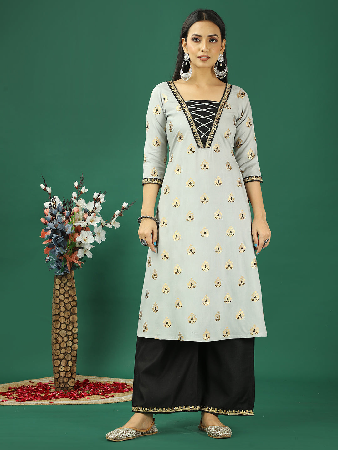 Bollywood Vogue Ready To Wear Grey Rayon Foil Printed N Black Kurta Set - Front View