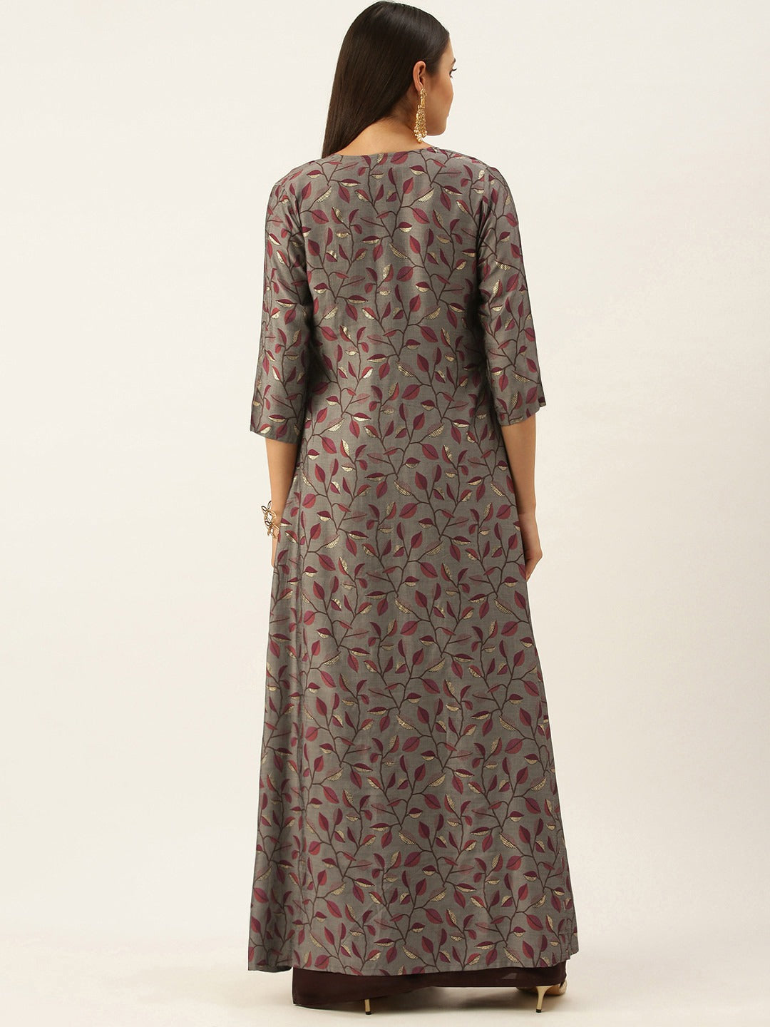 Bollywood Vogue Ready To Wear Purple Blouse N Palazzo Pant With Grey Jacket - Back View