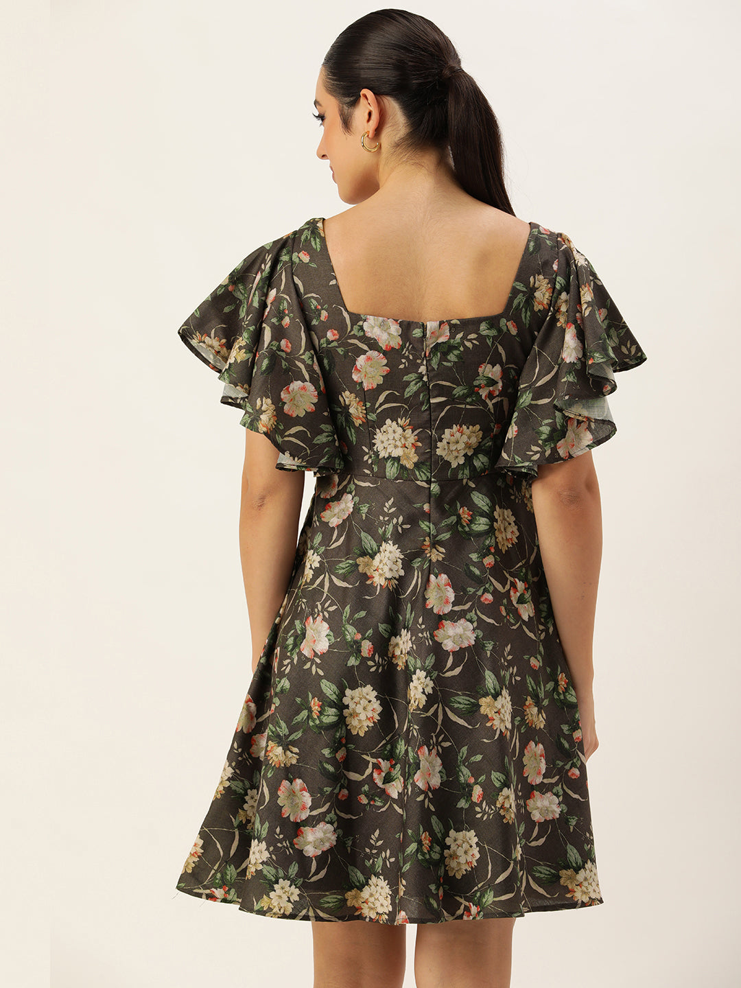 Bollywood Vogue Ready To Wear Grey Printed Cotton Dress - Back View