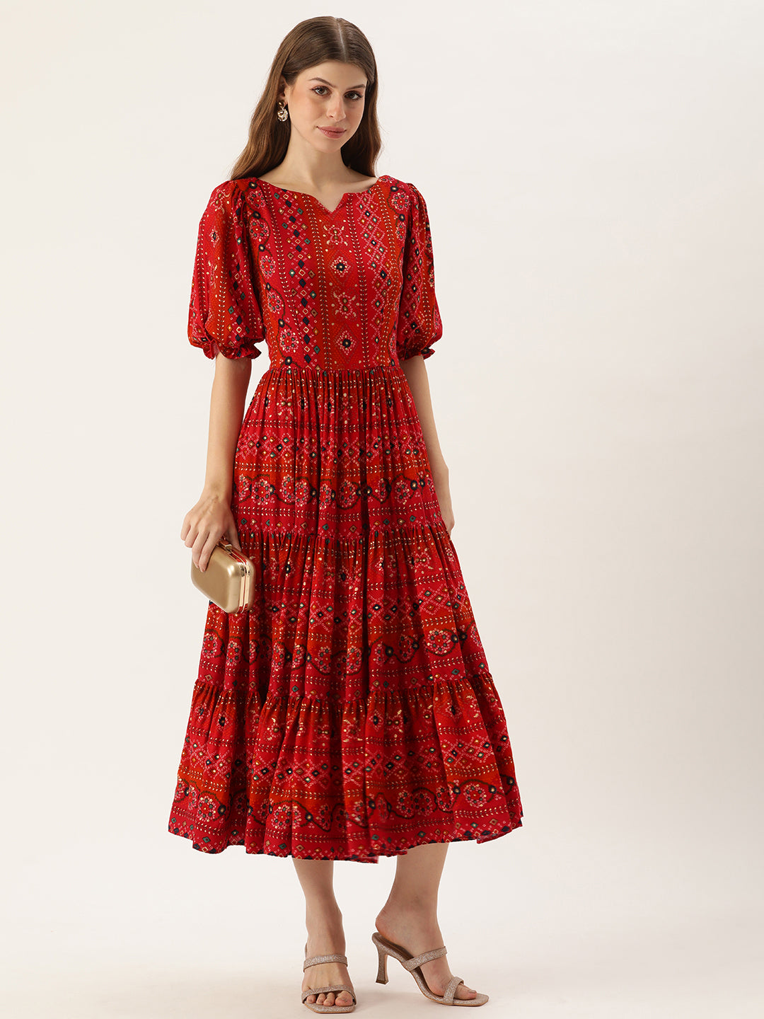 Bollywood Vogue Ready To Wear Red Printed Viscose Fabric Dress - Side View